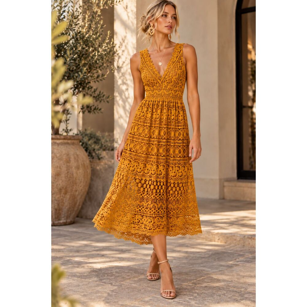 Altar'd State Mustard/Marigold Geometric Crochet Lace Midi Dress Size Small